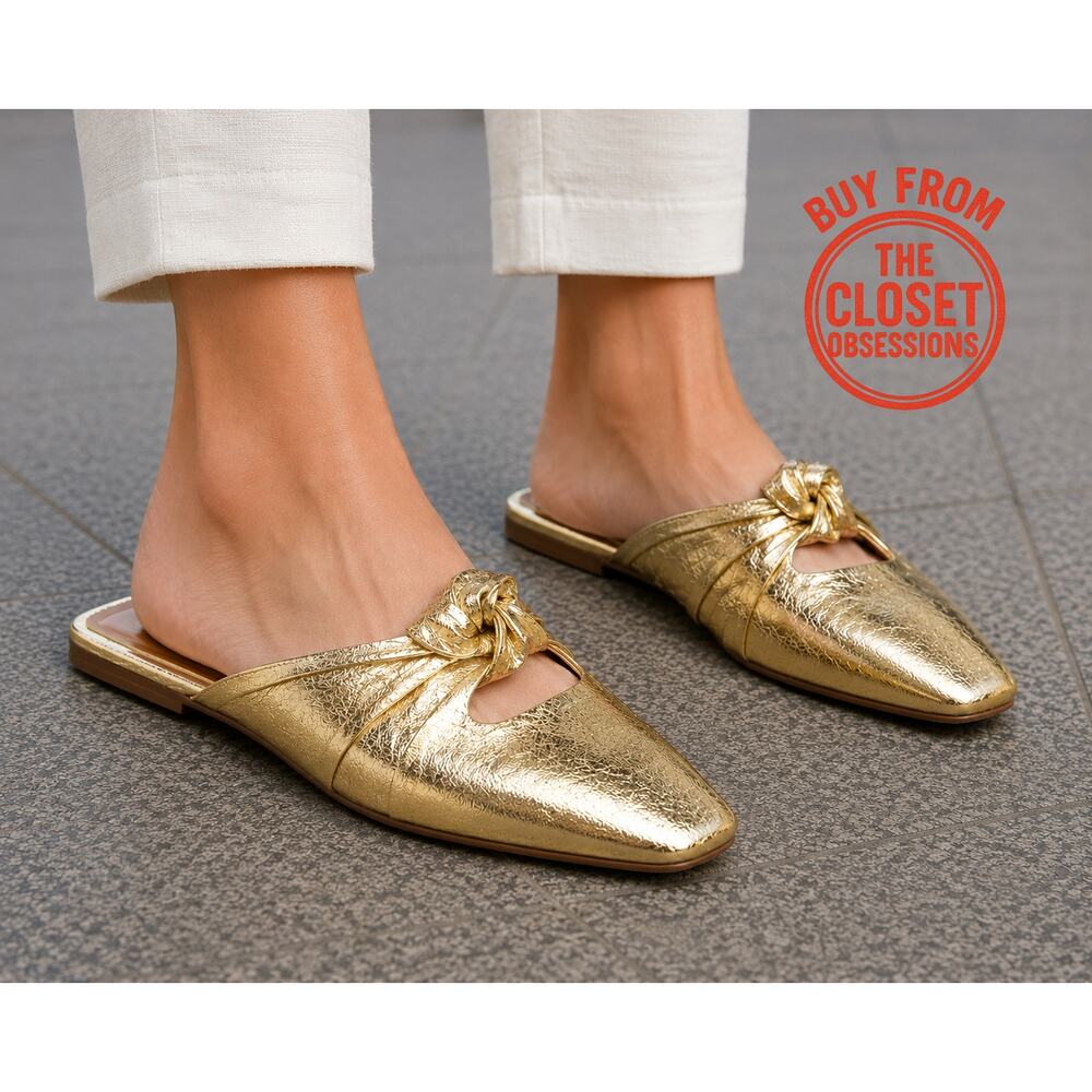 Zara NWT Gold Metallic Knot Square Toe Mules 7.5 8 - Picture 3 of 16
